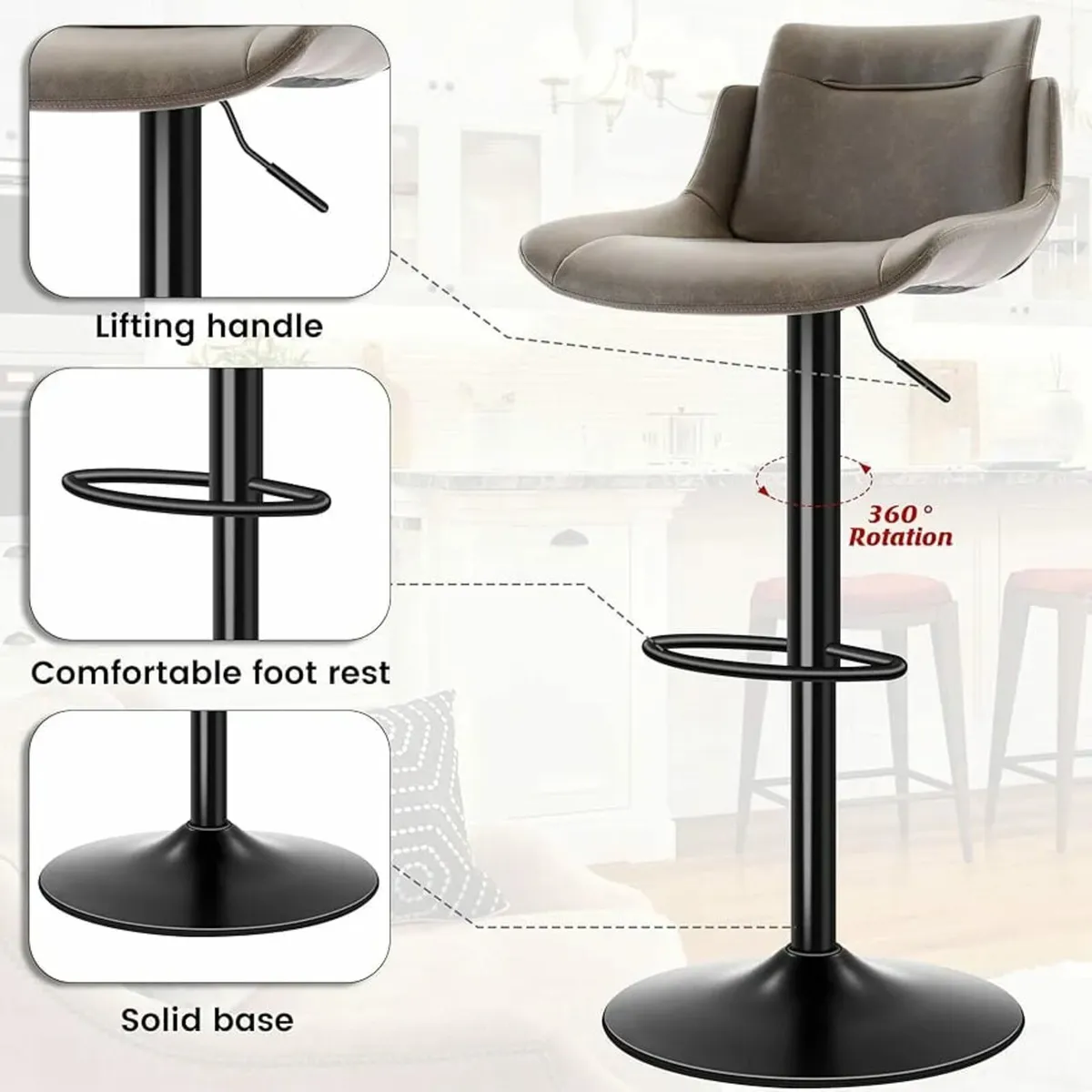 Bar Stool Set of 2, PU Leather Fabrics Height Adju - Image 3
