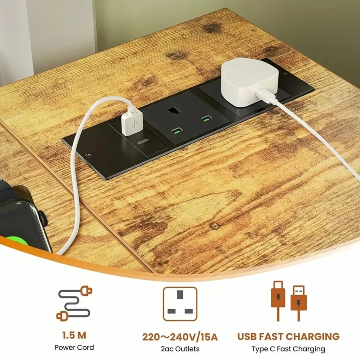 L Shaped Desk with Power Outlets&Hooks, 100x70cm C - Image 2