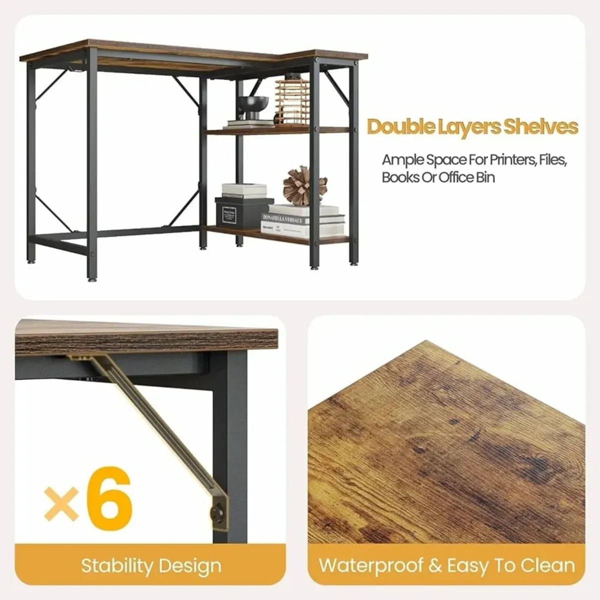 L Shaped Desk with Power Outlets&Hooks, 100x70cm C - Image 4