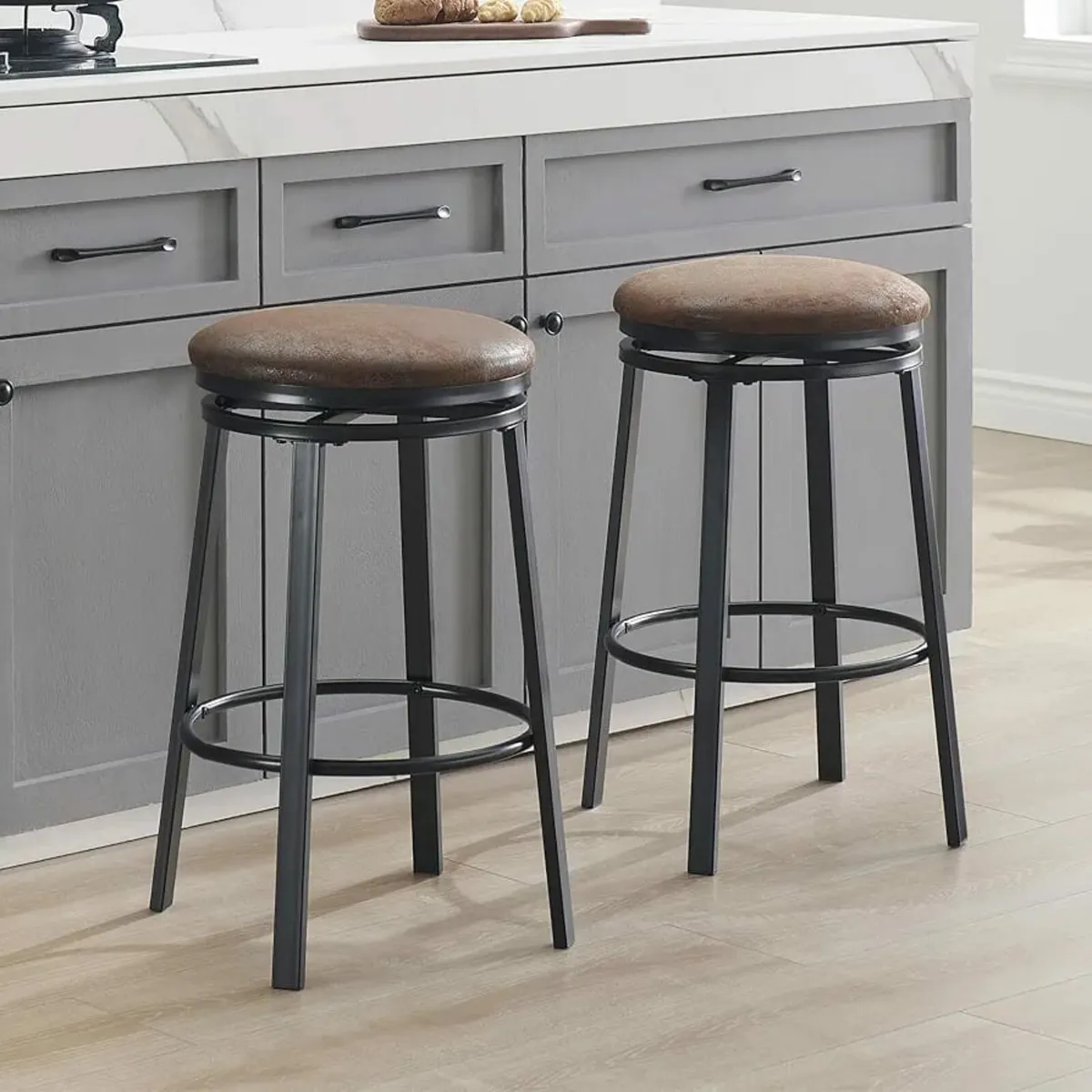Bar Stools Set of 2, Round Backless Bar Chairs wit - Image 1