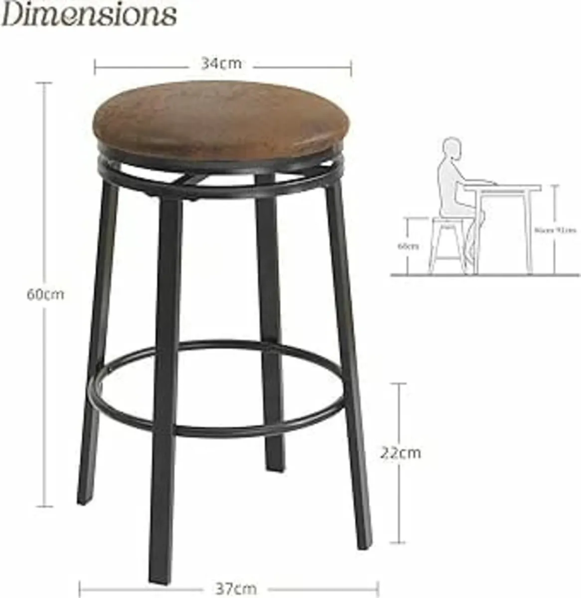 Bar Stools Set of 2, Round Backless Bar Chairs wit - Image 2