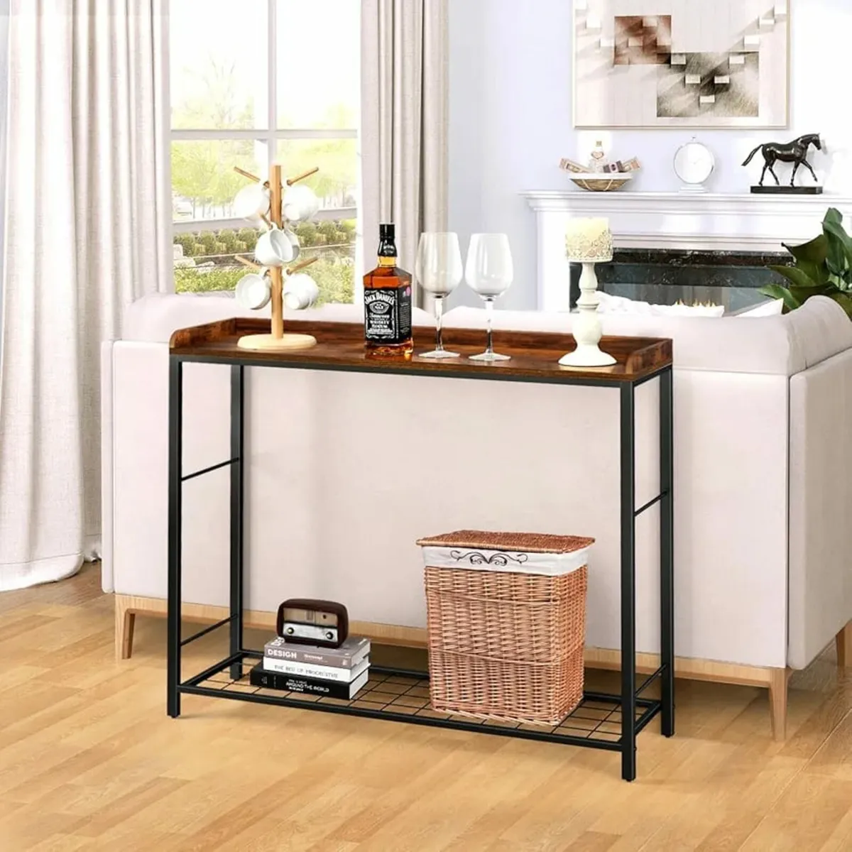 39.4" Entryway Table with Metal Grid Shelves, 2 Ti - Image 3