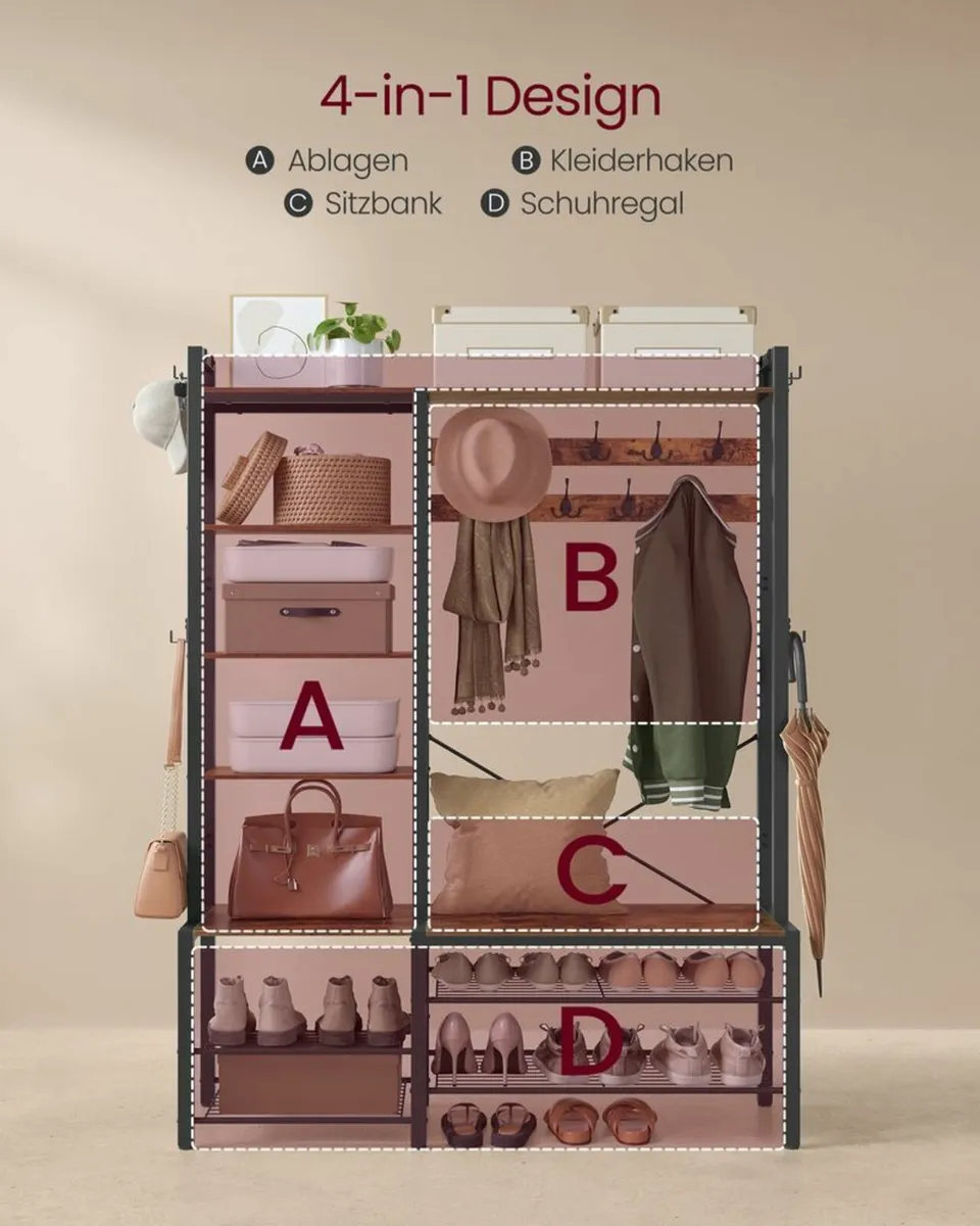 Coat Stand with Shoe Bench, 5 Shelves, 9 Triple Ho - Image 2