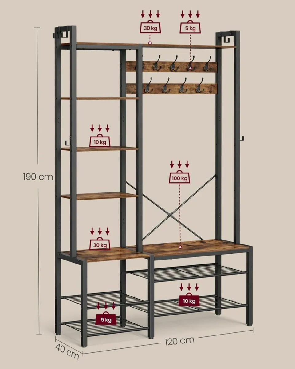 Coat Stand with Shoe Bench, 5 Shelves, 9 Triple Ho - Image 4