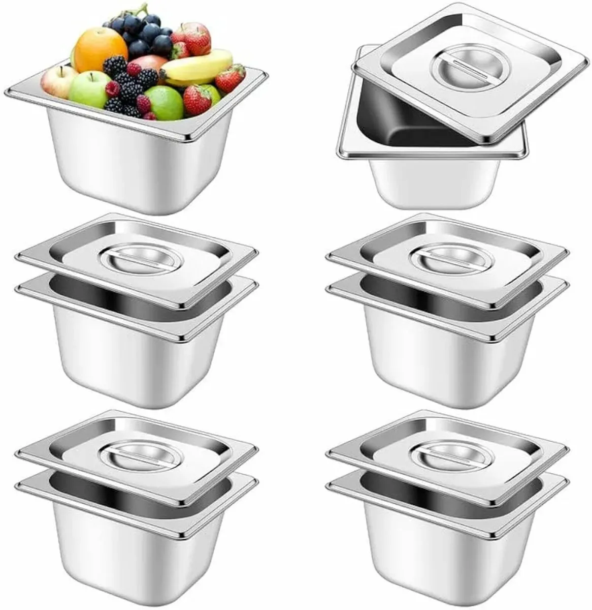 6Pcs Stainless Steel Gastronorm Pan 1/6 with Lid,S - Image 1