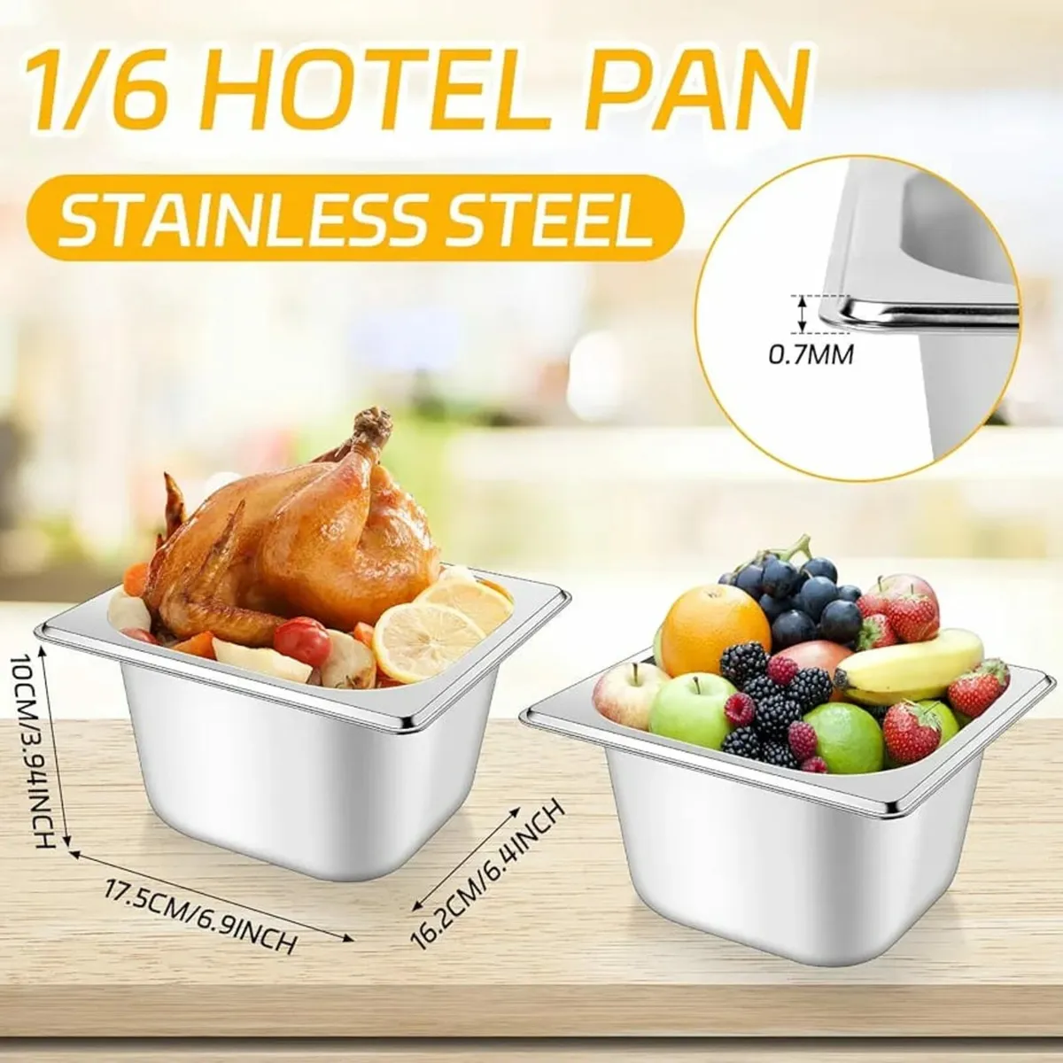 6Pcs Stainless Steel Gastronorm Pan 1/6 with Lid,S - Image 2