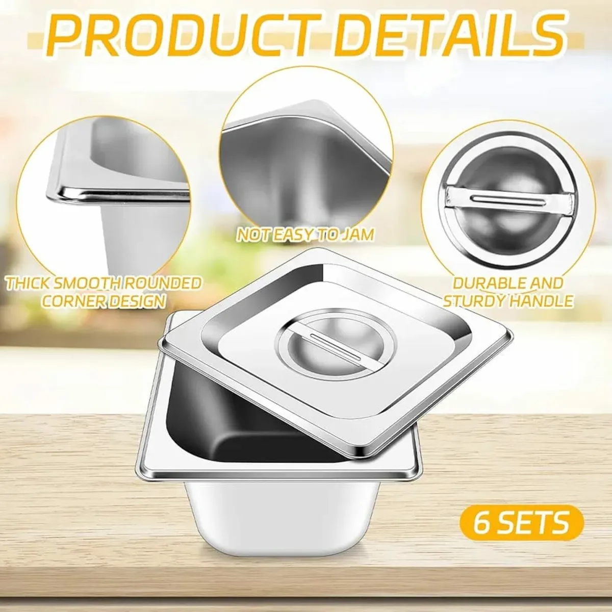 6Pcs Stainless Steel Gastronorm Pan 1/6 with Lid,S - Image 3