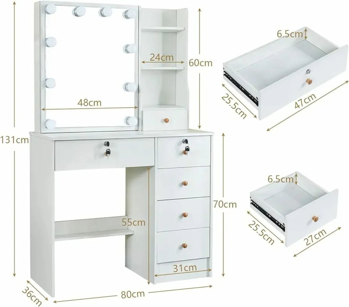 White Dressing Table with Hollywood LED Vanity Mir - Image 3