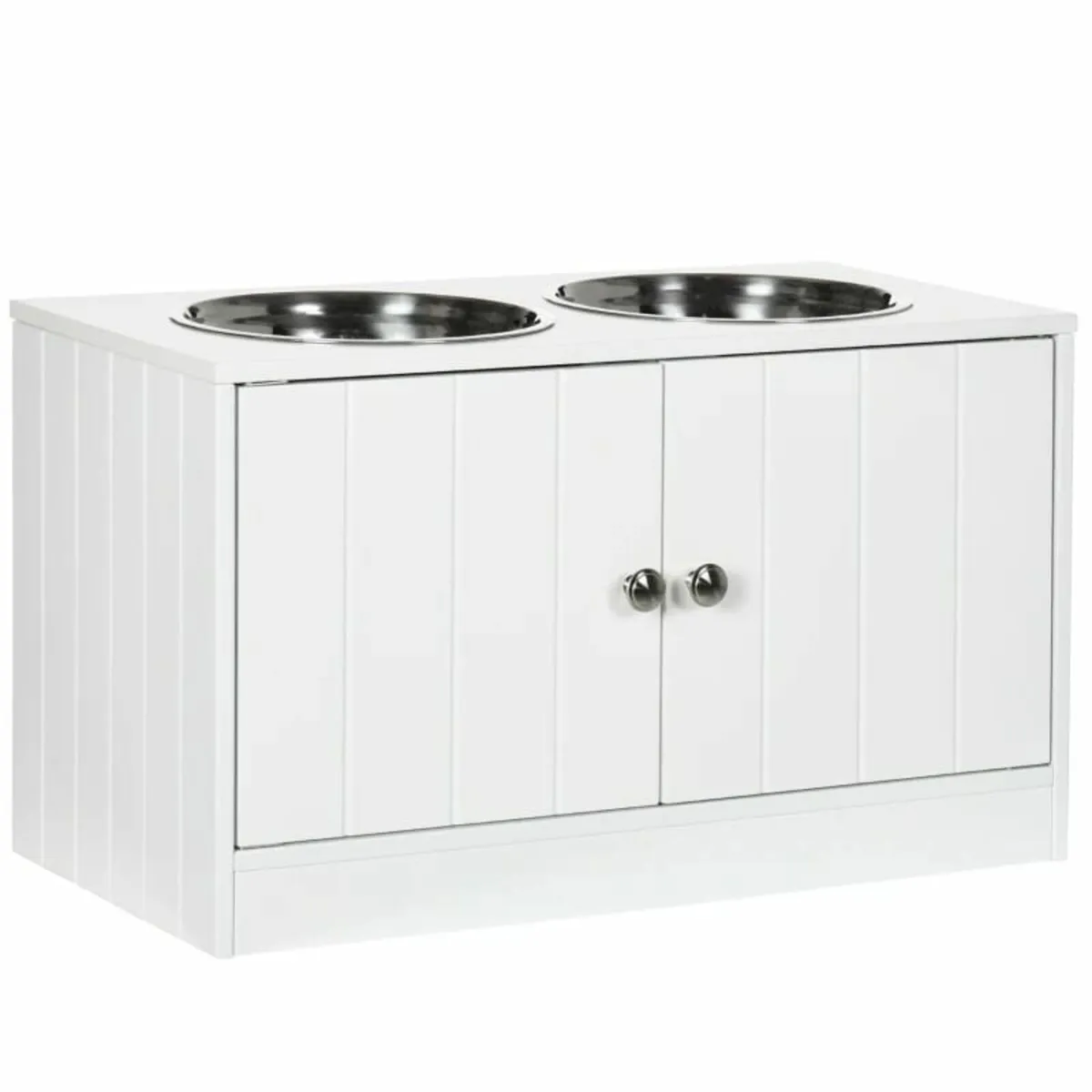 Raised Pet Feeder, with Two Bowls, Storage - White - Image 1