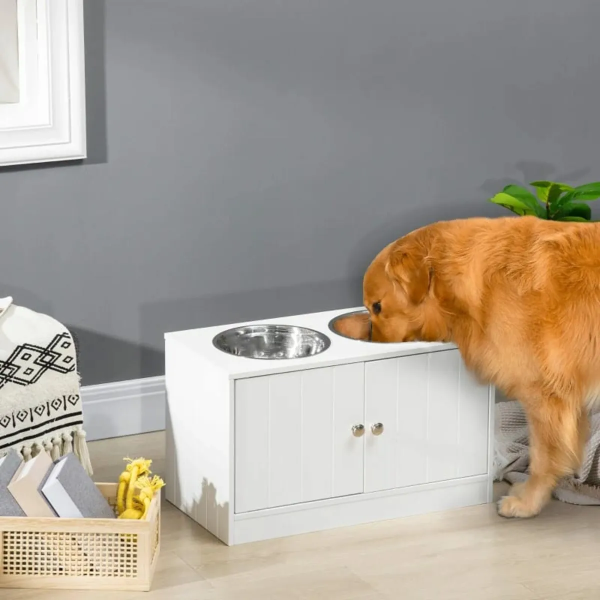 Raised Pet Feeder, with Two Bowls, Storage - White - Image 2