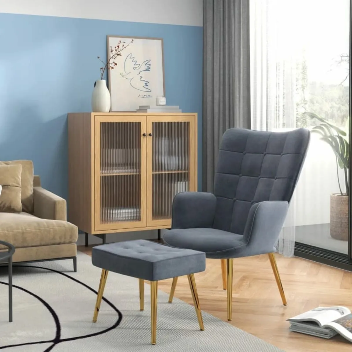 Modern Armchair with Footstool, Upholstered Accent - Image 3