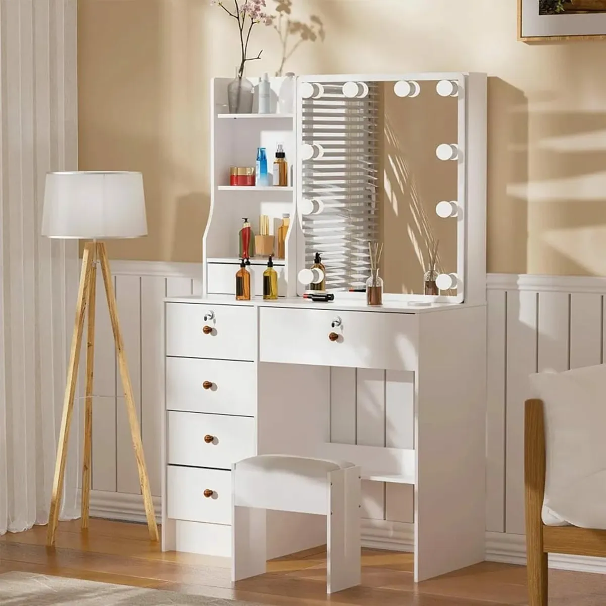 Hollywood Vanity Set, Makeup Table with Lockable D - Image 1