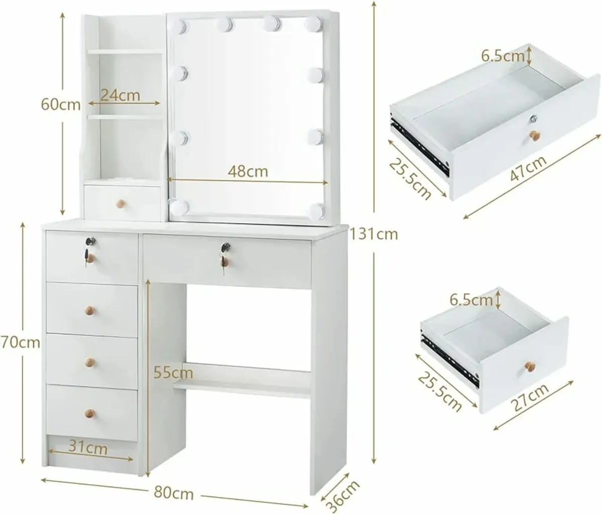 Hollywood Vanity Set, Makeup Table with Lockable D - Image 2