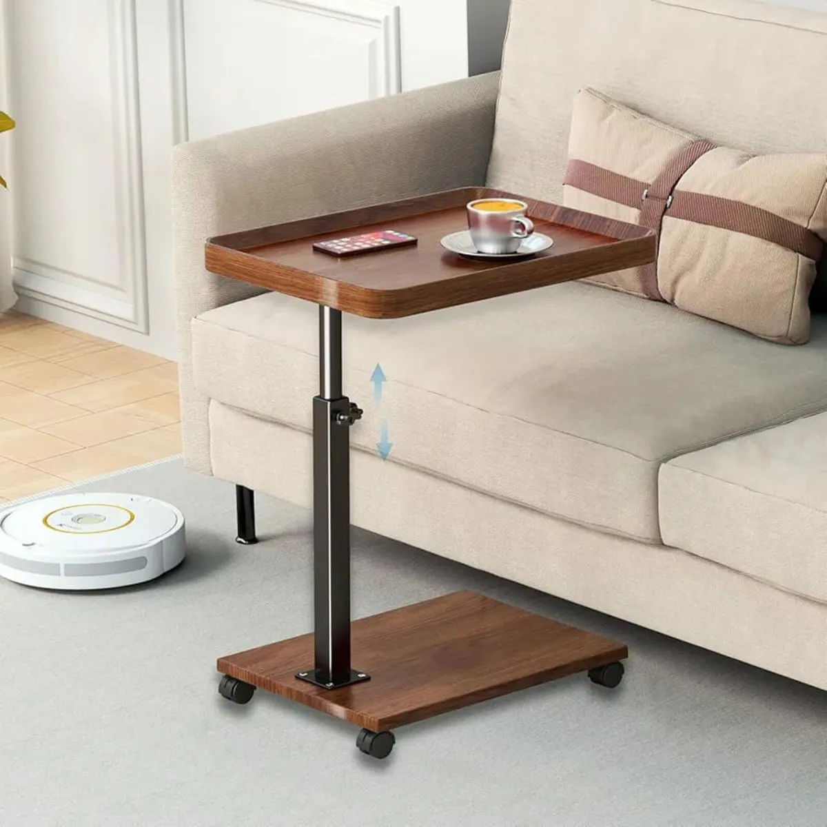 Side Table C Shape Height Adjustable with Wheels, - Image 1