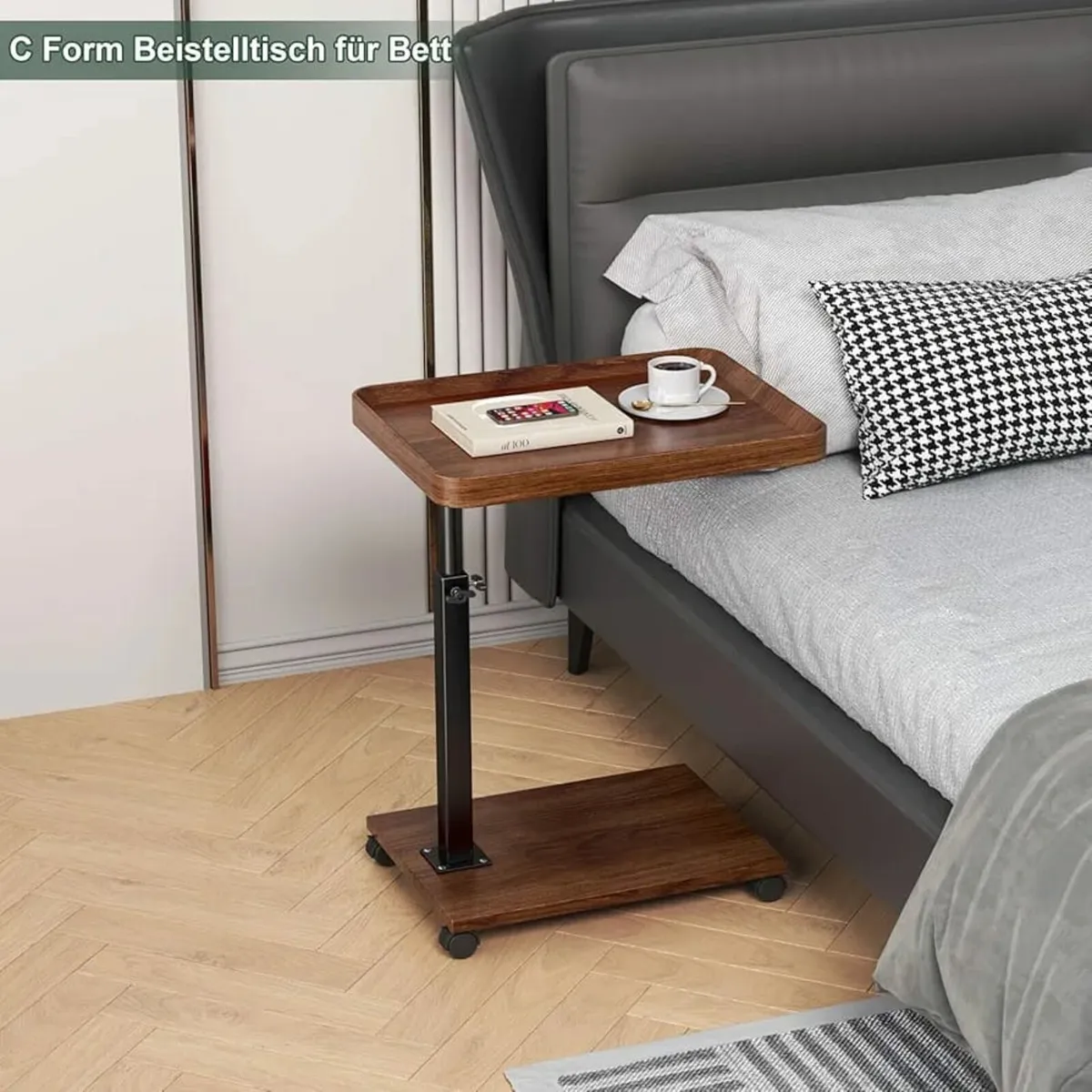 Side Table C Shape Height Adjustable with Wheels, - Image 2