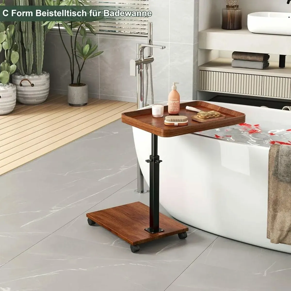 Side Table C Shape Height Adjustable with Wheels, - Image 4