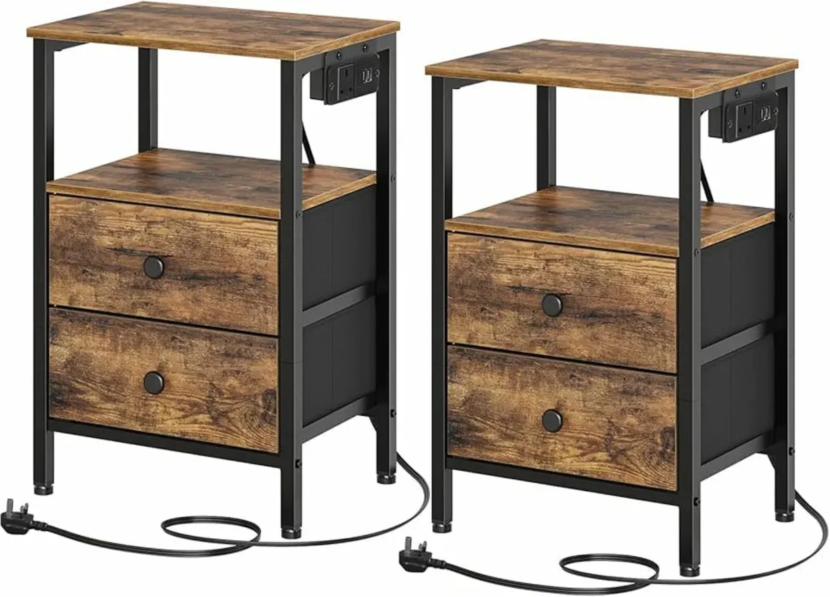 Bedside Tables, Set of 2 Nightstands with Outlets - Image 1
