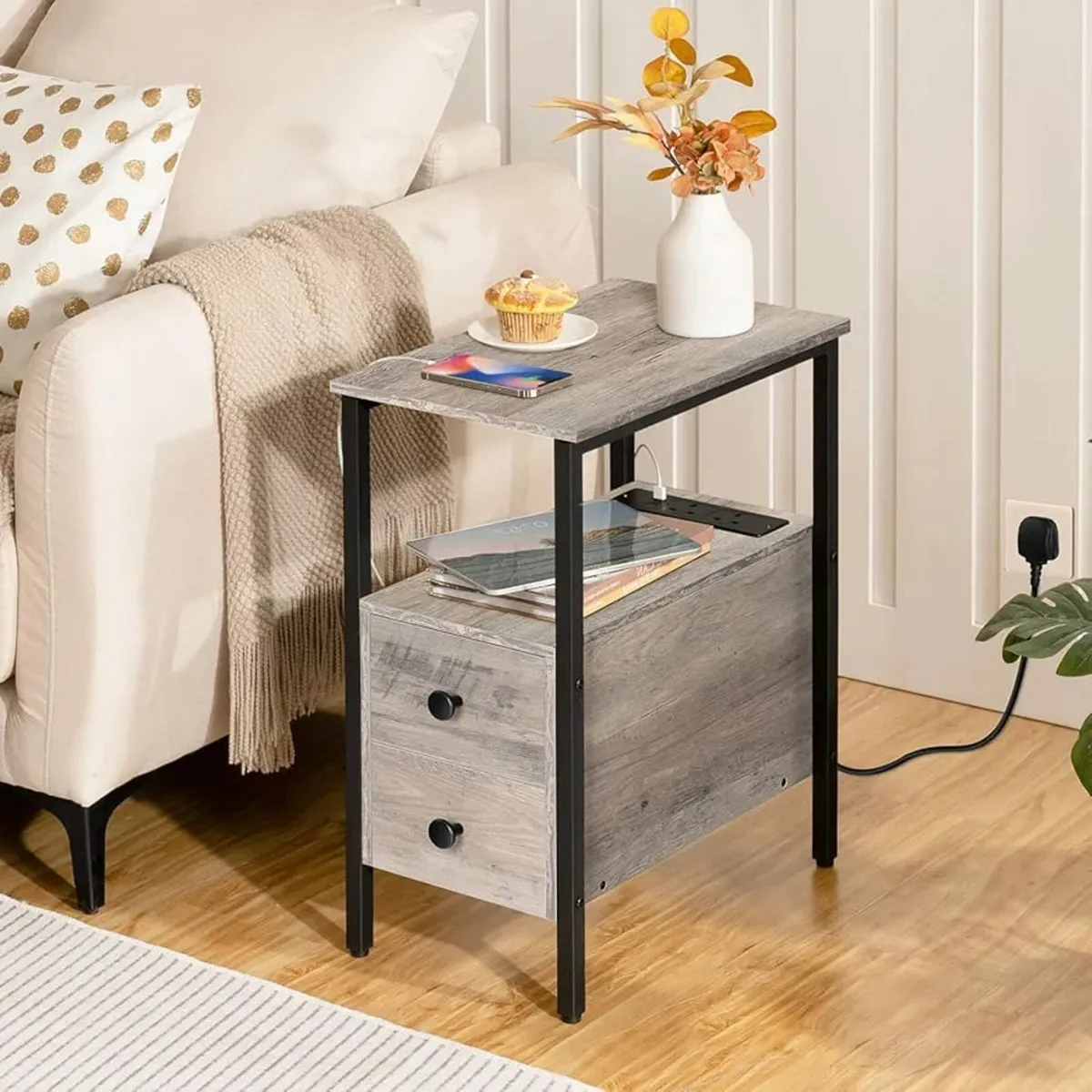 Side Table, Narrow Bedside Table with Charging Sta - Image 1