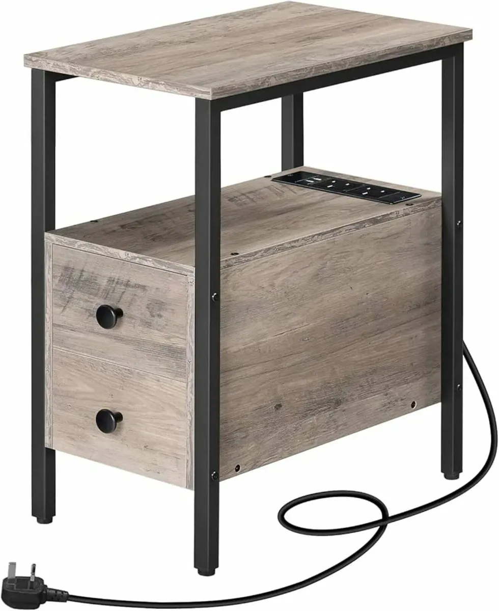 Side Table, Narrow Bedside Table with Charging Sta - Image 2