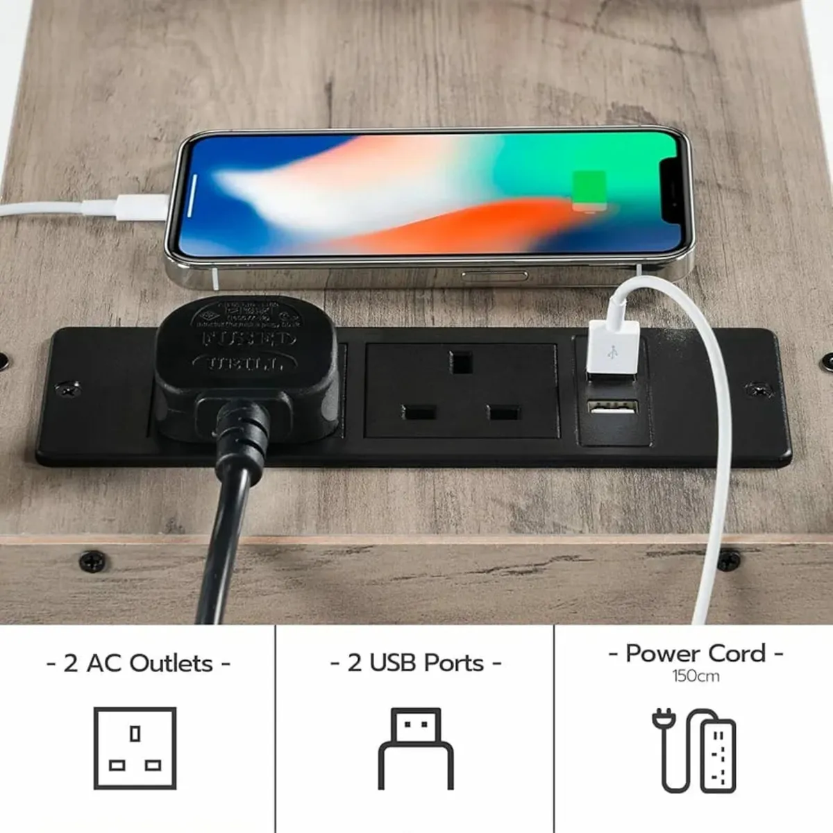 Side Table, Narrow Bedside Table with Charging Sta - Image 3