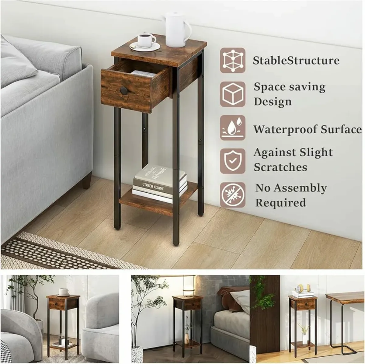 Slim Bedside Table Set of 2, Narrow Nightstand wit - Image 2