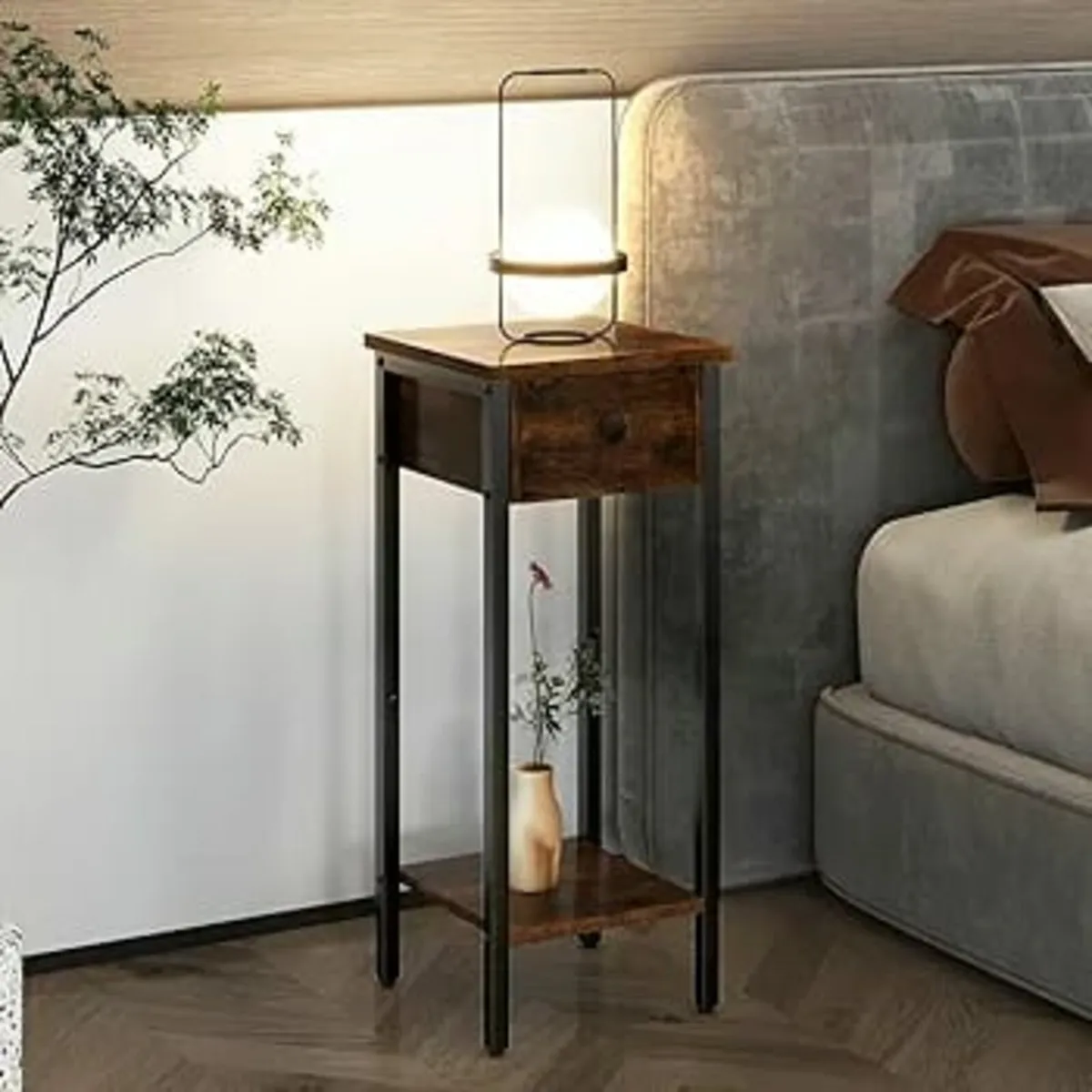 Slim Bedside Table Set of 2, Narrow Nightstand wit - Image 3