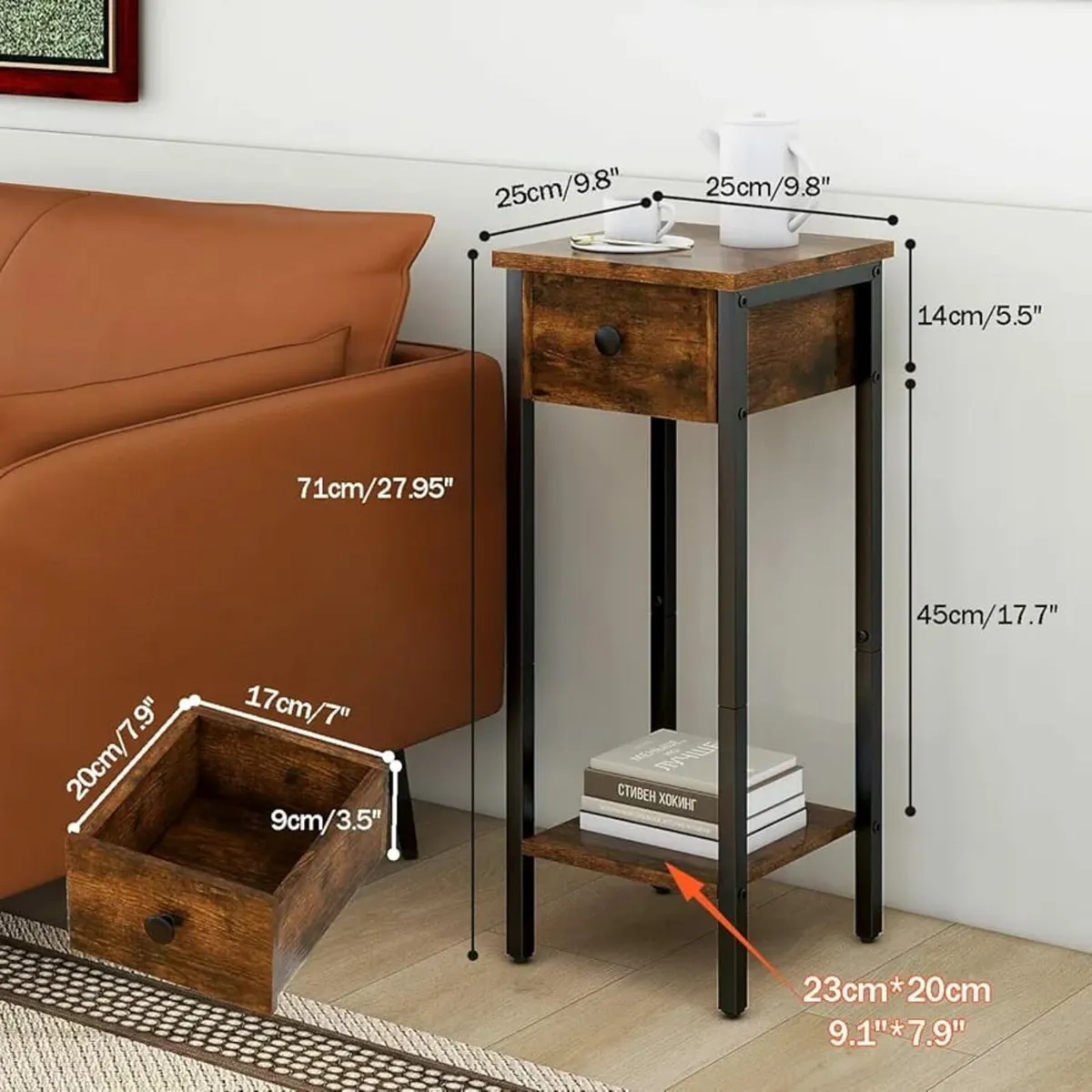Slim Bedside Table Set of 2, Narrow Nightstand wit - Image 4