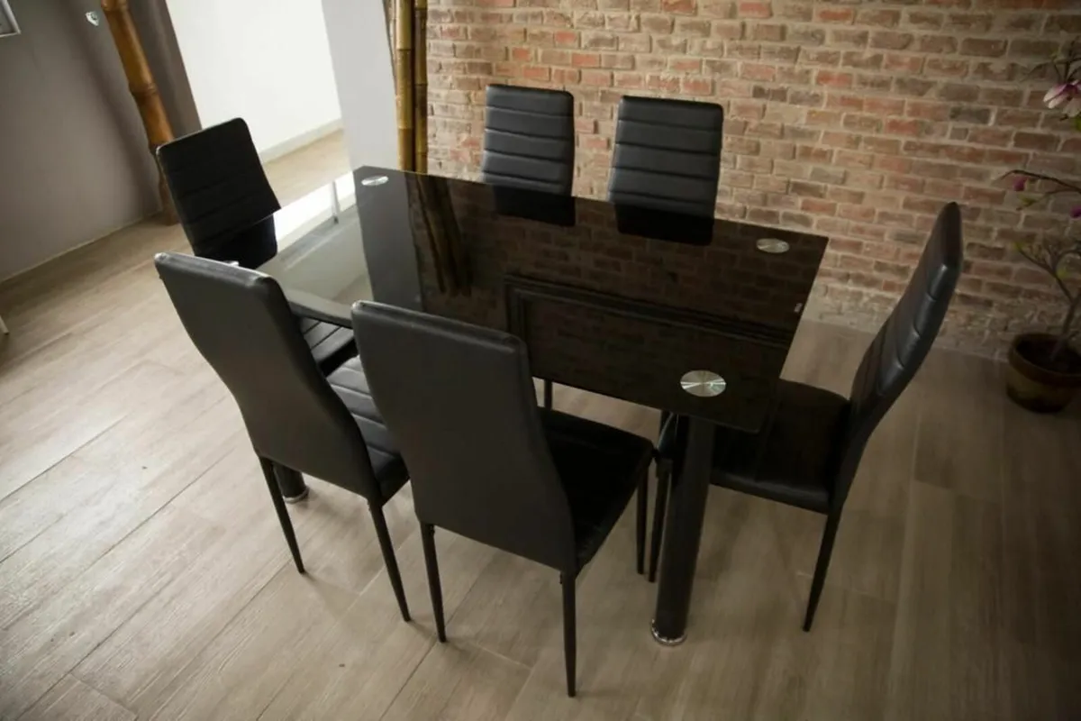 Modern Glass Dining Table Set Seats 6. Black - Image 4