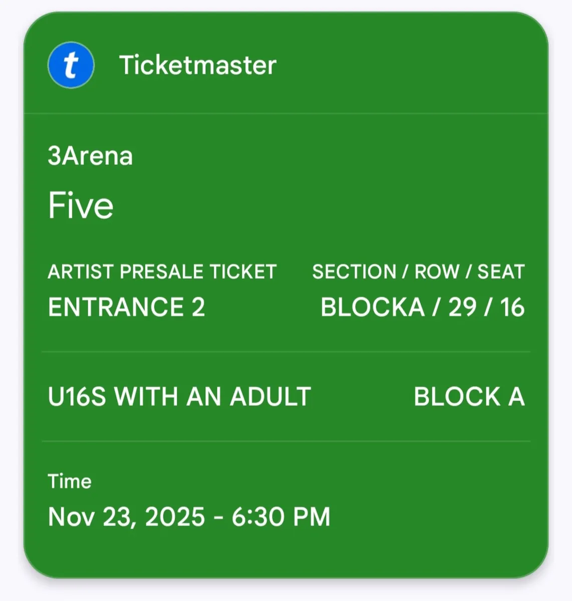 Five Concert Ticket