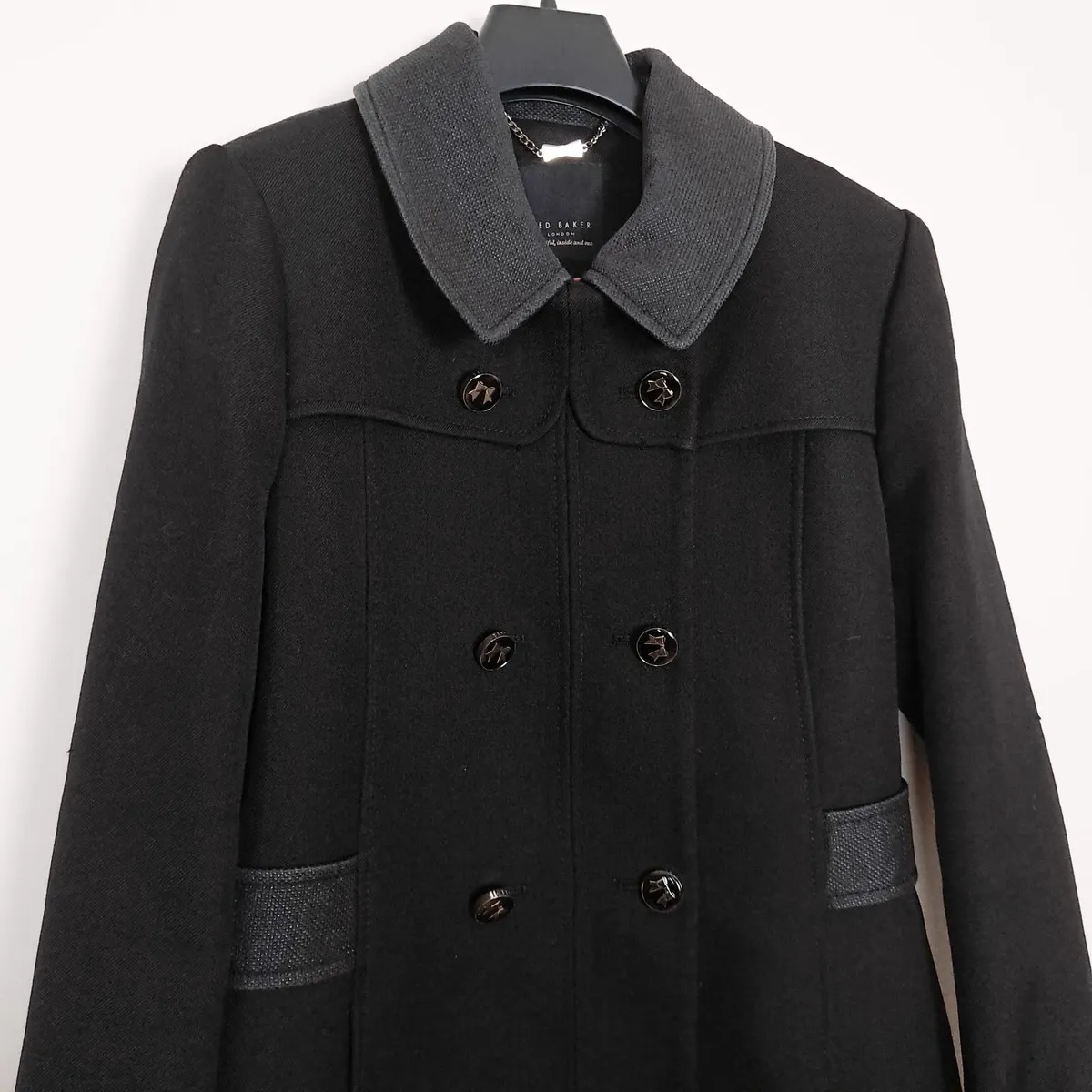 Ted Baker Black Wool Coat Bow Tie Buttons 12UK - Image 4