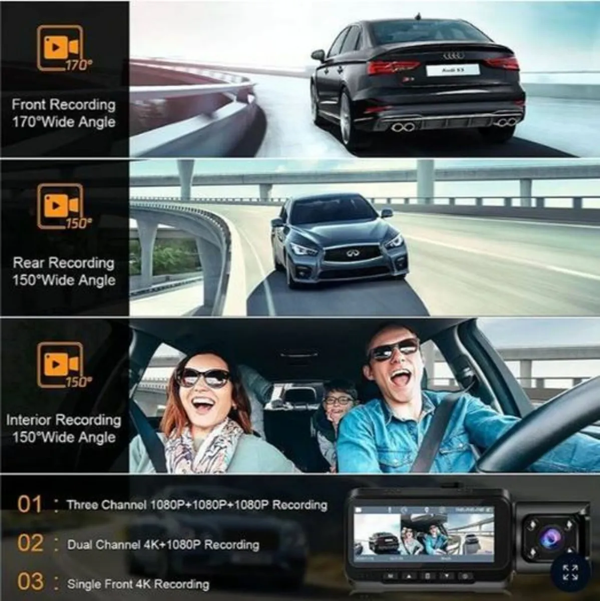 4K GPS 3 Way Triple Car Dash Cam. - Image 2