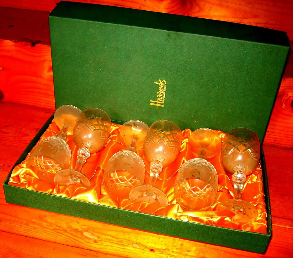 6 Vintage Harrods Crystal Wine Glasses Still Boxed - Image 1