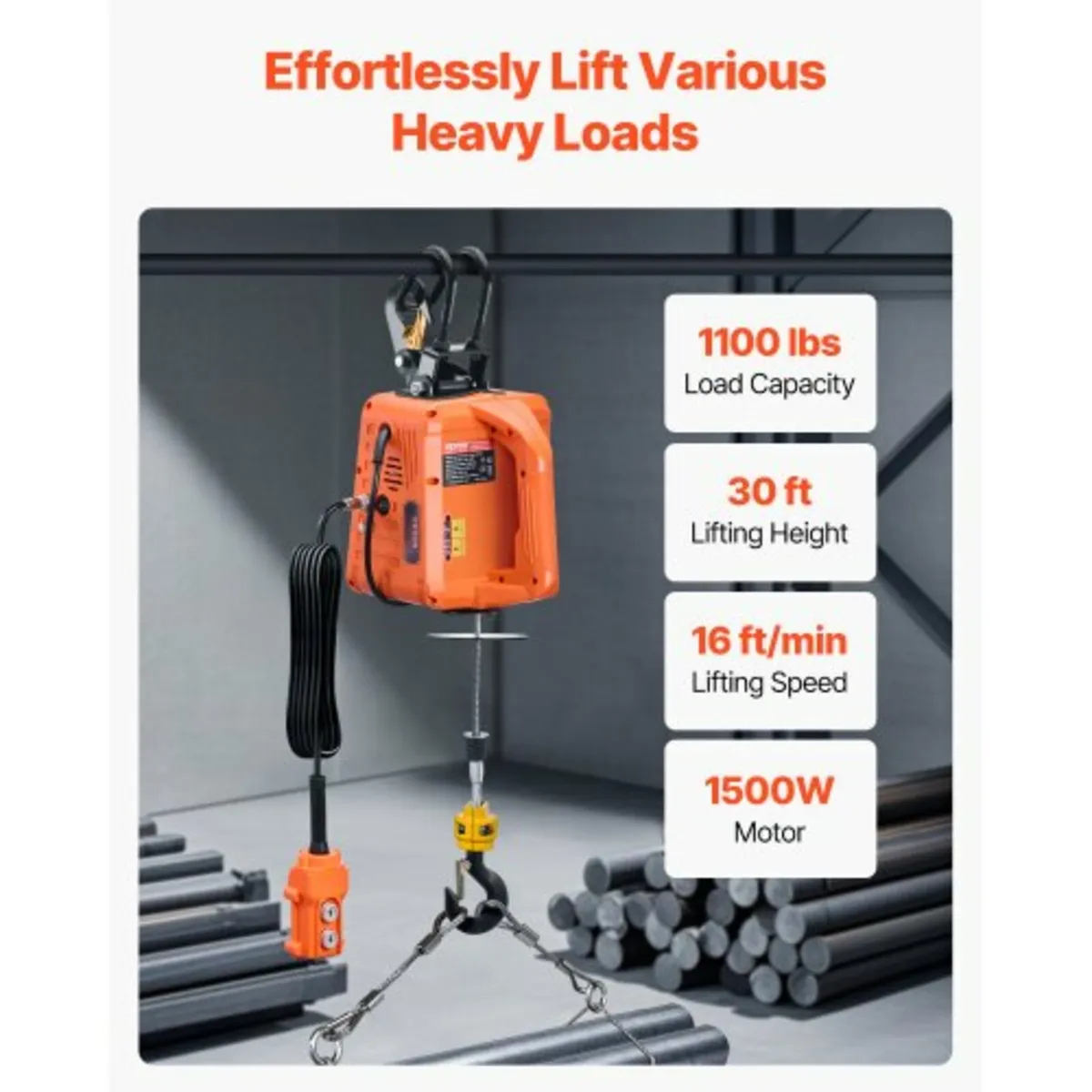 3-in-1 Electric Hoist Winch, 1100 lbs Capacity, 15 - Image 4