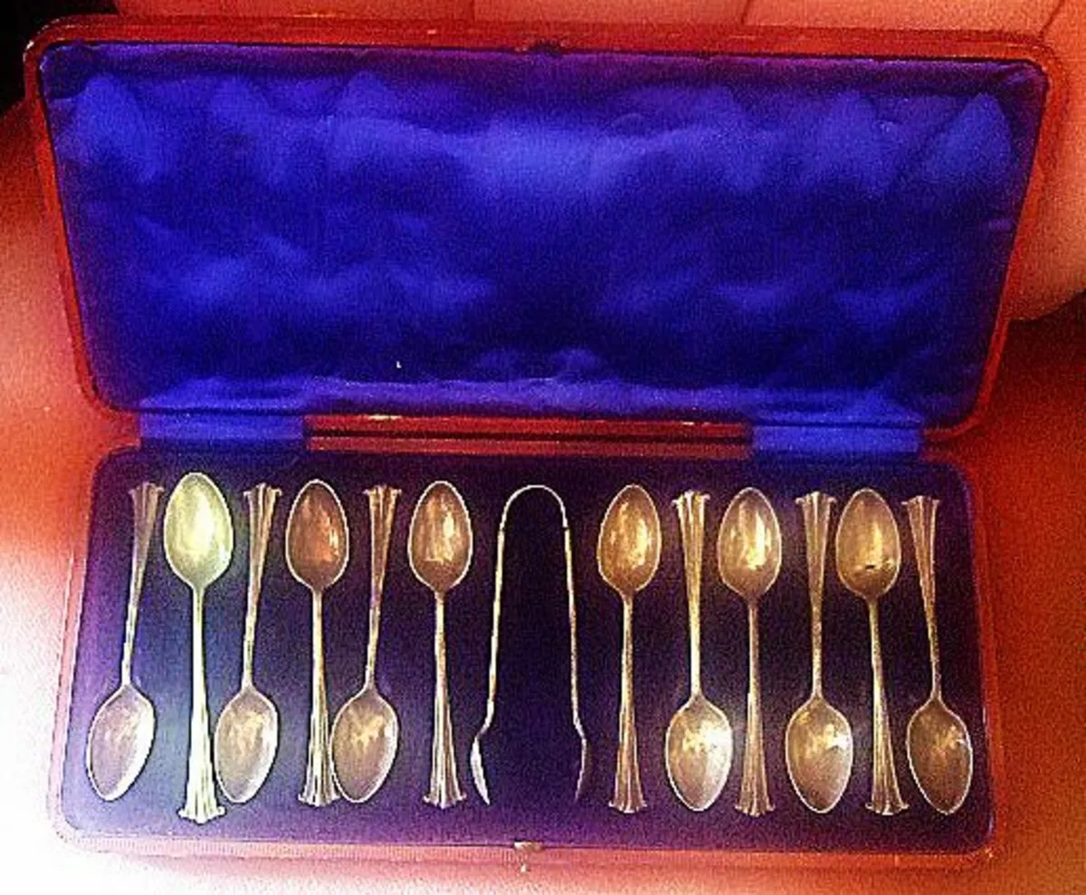 Vintage Silver 12 Tea Spoons & Sugar Tongs/Case - Image 1