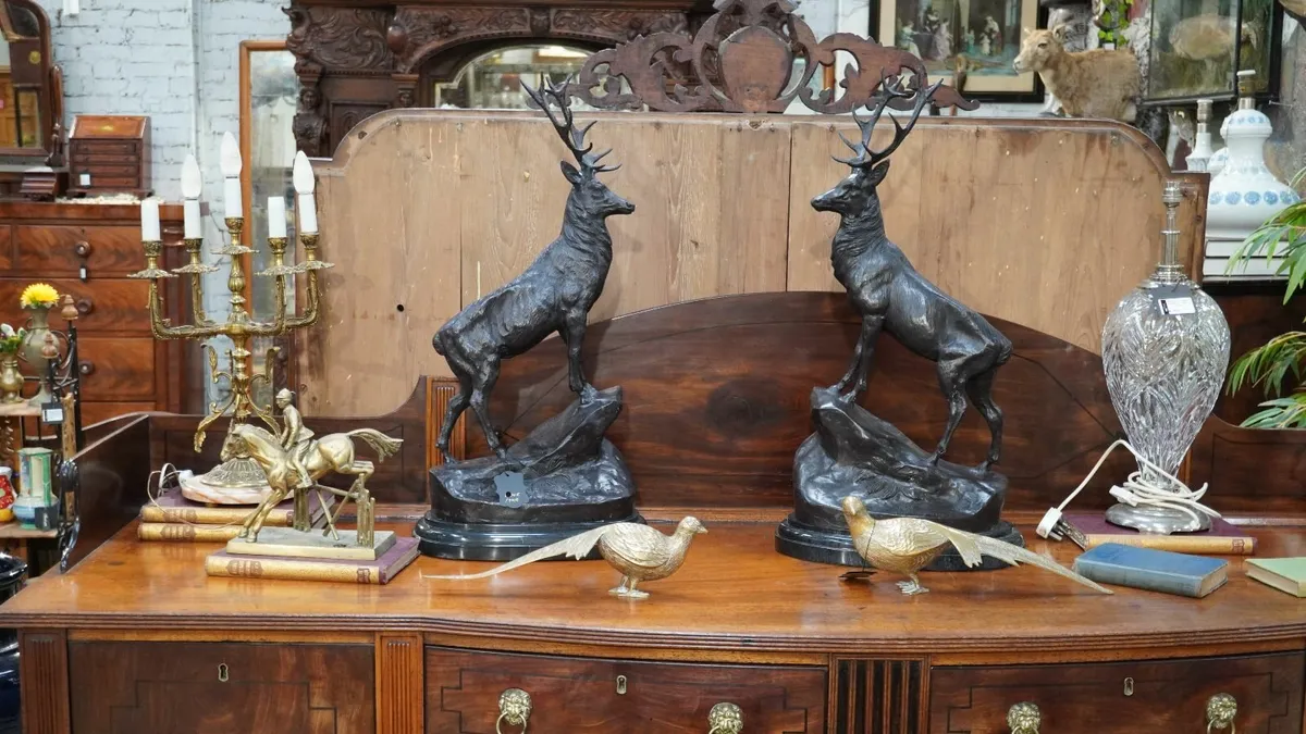 Pair of Bronze Stag Sculptures on Marble Base - Image 1