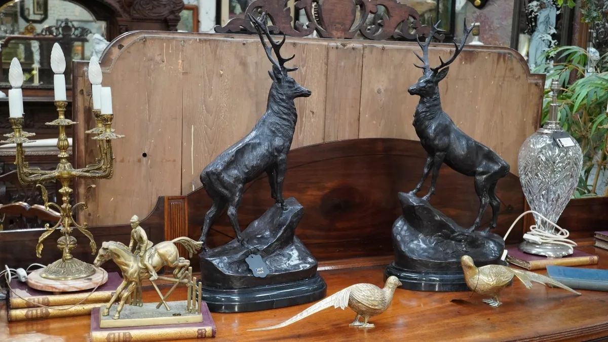 Pair of Bronze Stag Sculptures on Marble Base - Image 2