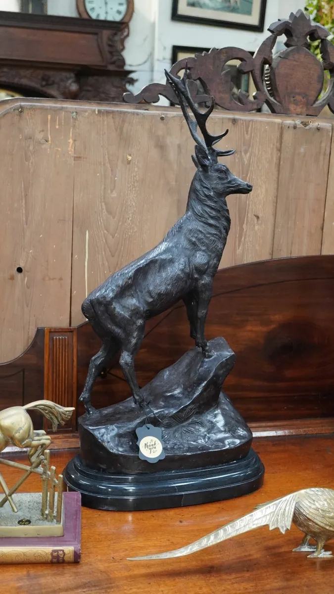Pair of Bronze Stag Sculptures on Marble Base - Image 3