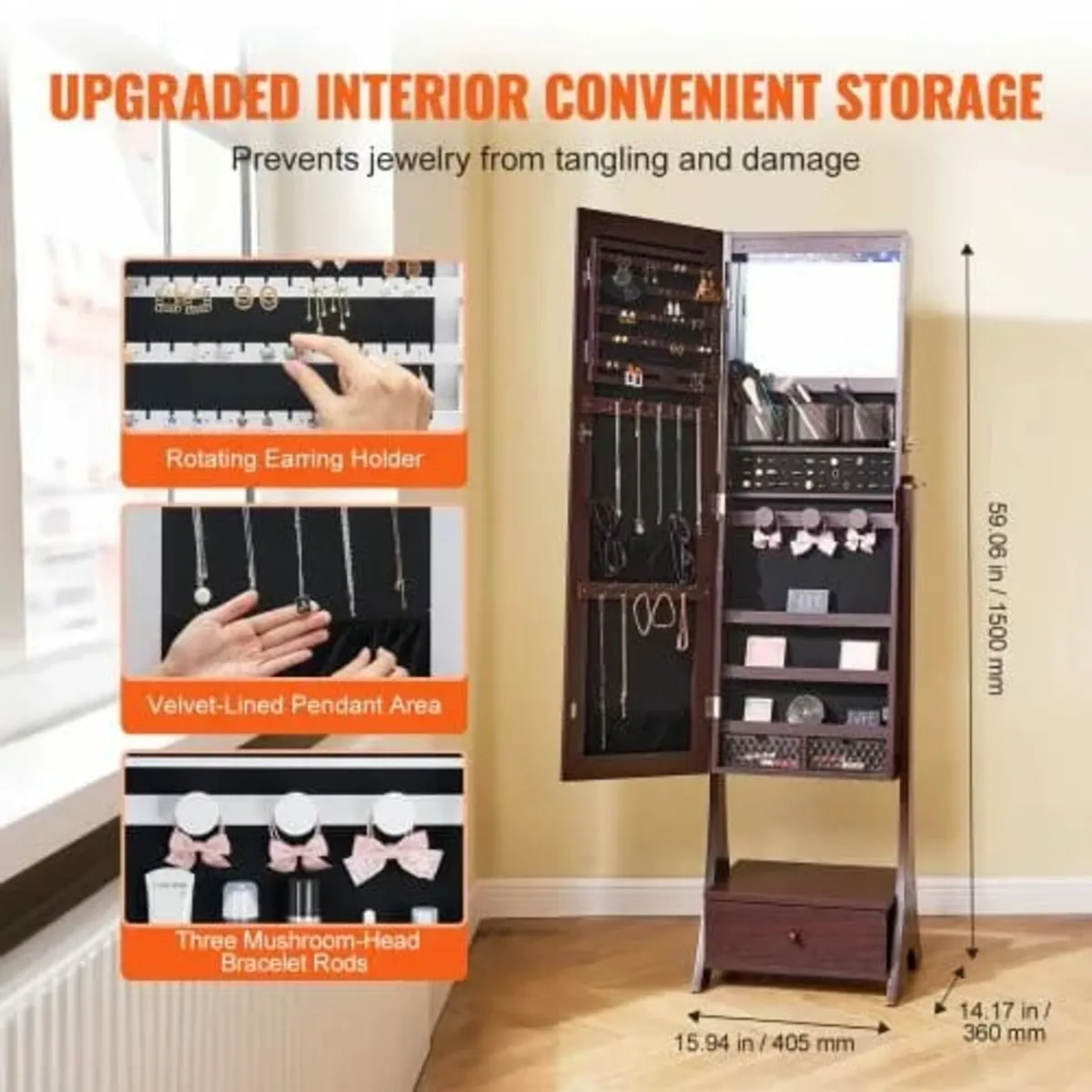 Mirror Jewelry Cabinet, Standing Mirror with Stora - Image 3