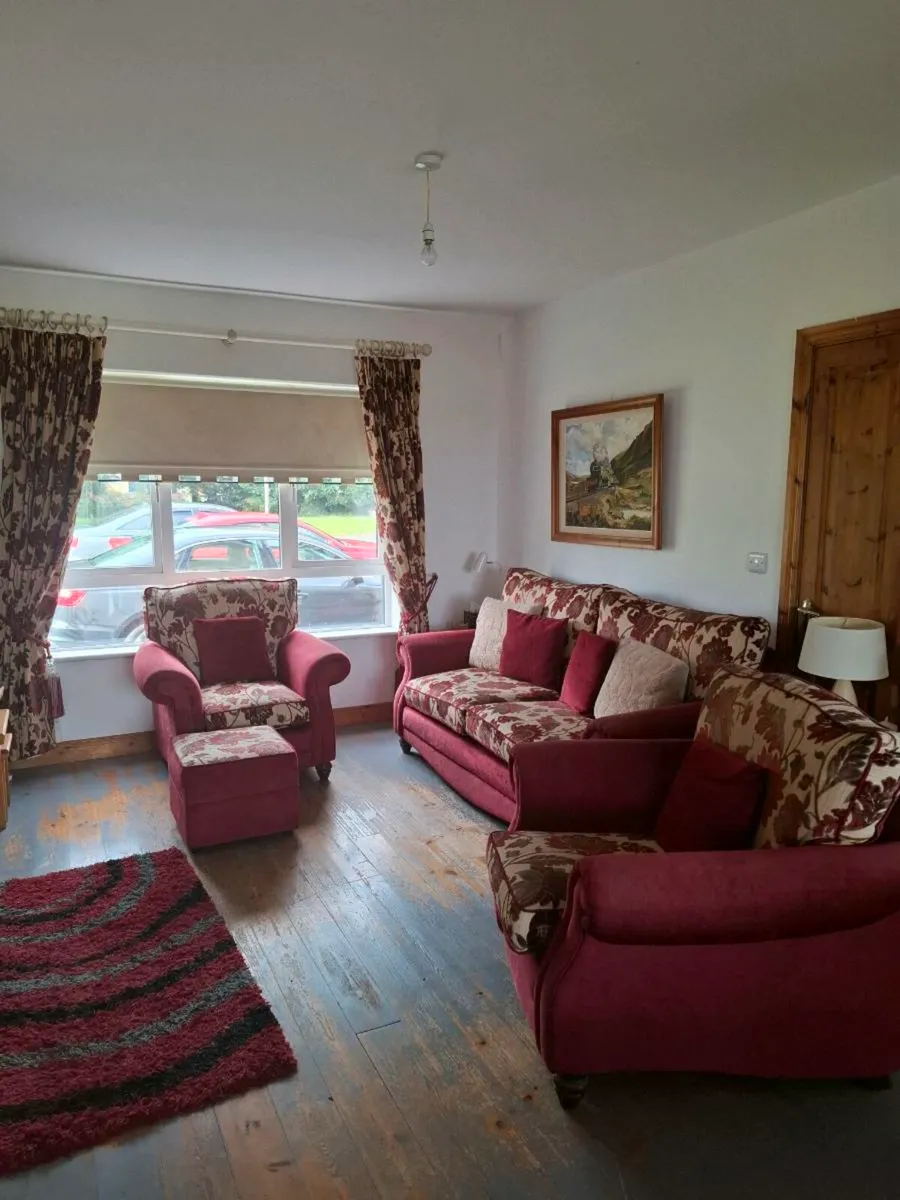Couch, armchairs, footstool, and curtains - Image 1