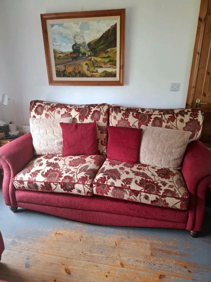 Couch, armchairs, footstool, and curtains - Image 3