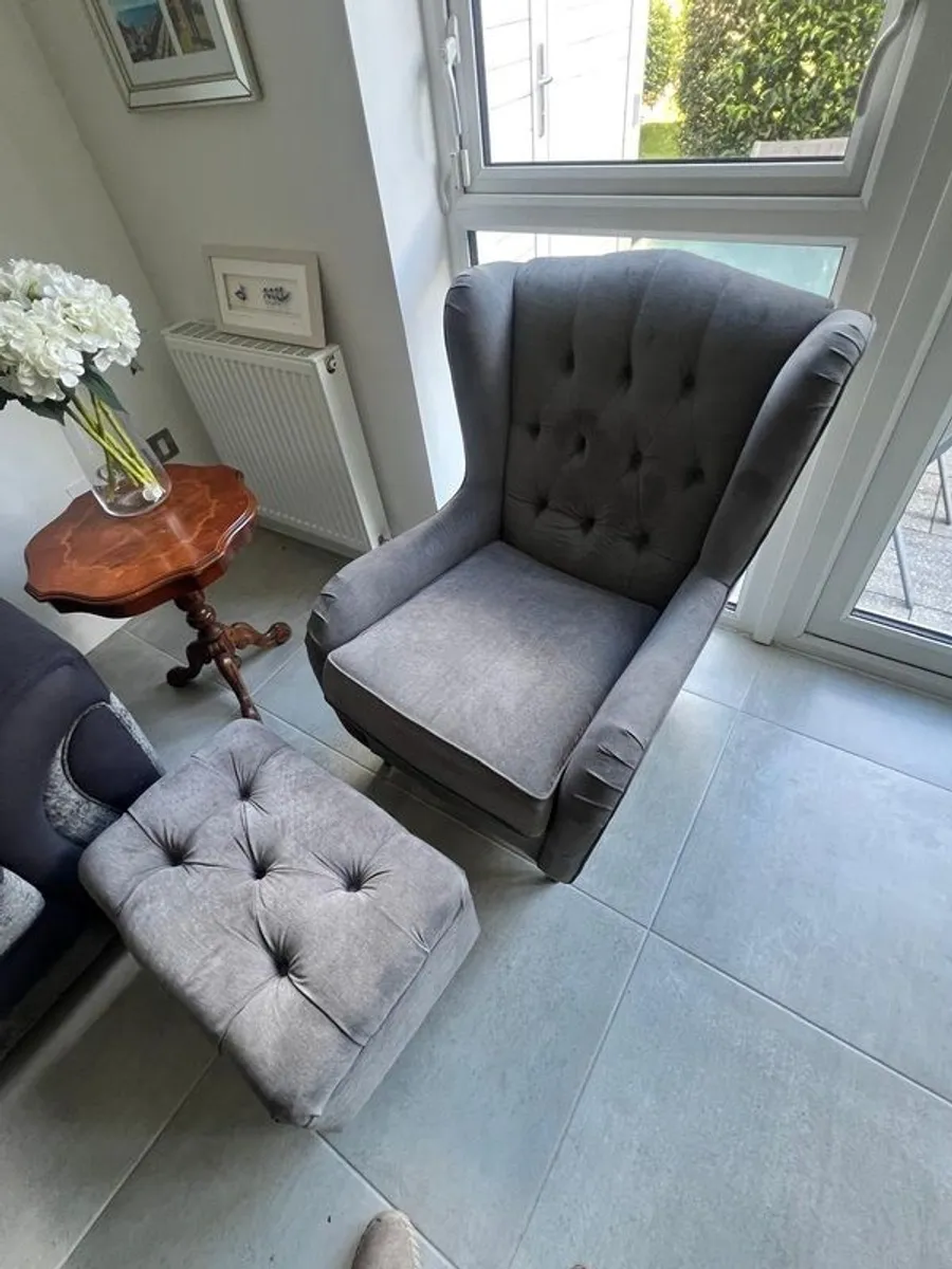 IKEA navy wingback chair with footrest - Image 1