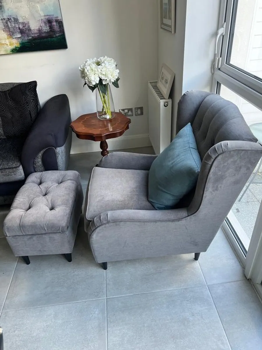 IKEA navy wingback chair with footrest - Image 2