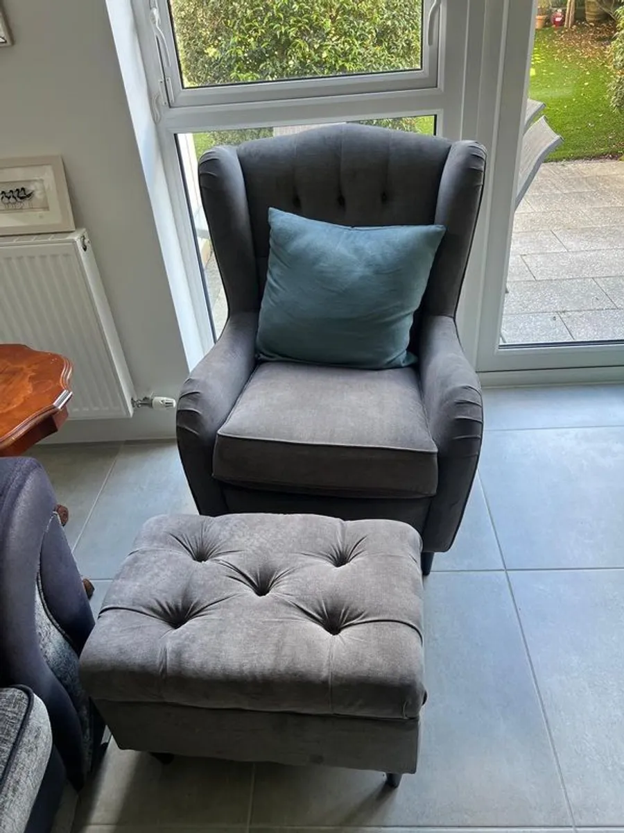 IKEA navy wingback chair with footrest - Image 3