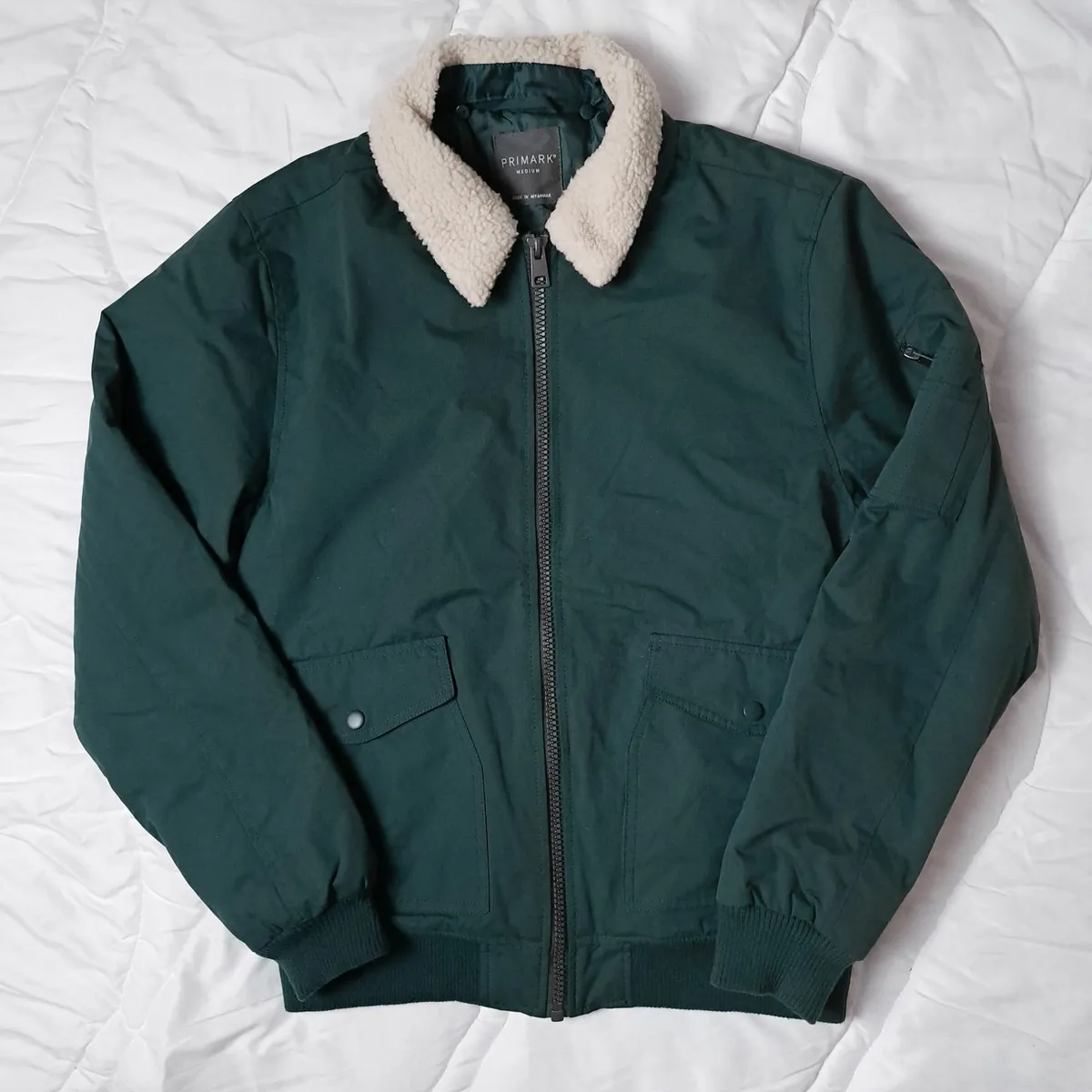 Primark Green Bomber Jacket Shearling Collar M - Image 1