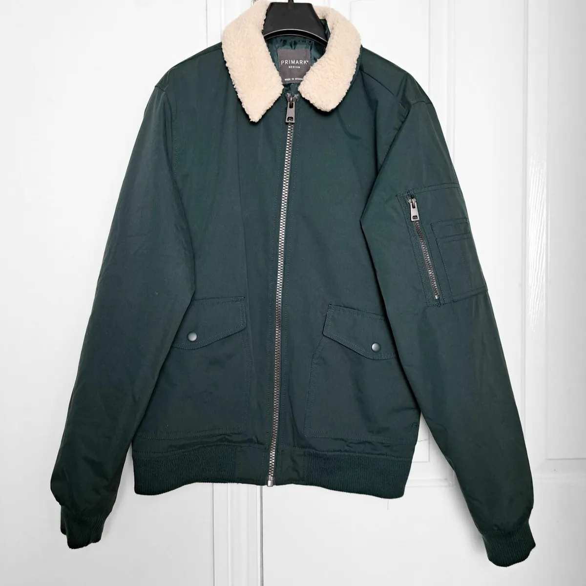 Primark Green Bomber Jacket Shearling Collar M - Image 2