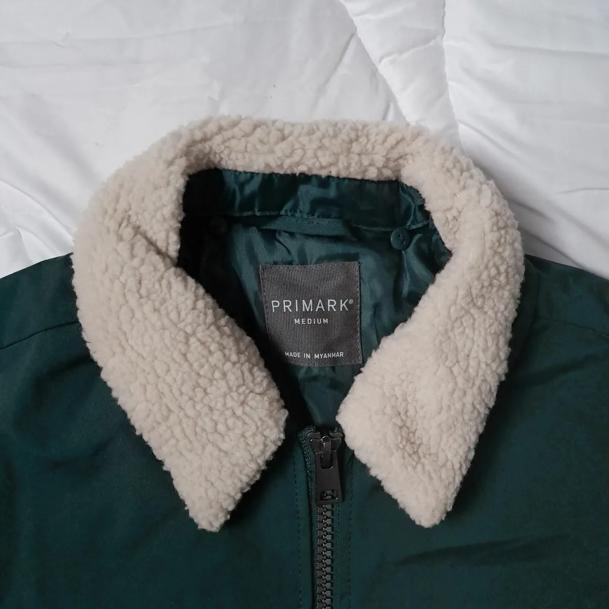 Primark Green Bomber Jacket Shearling Collar M - Image 3