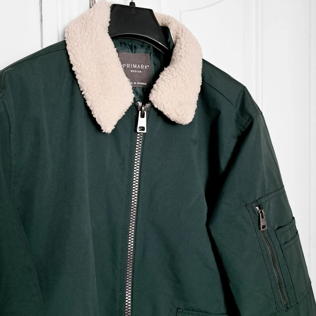 Primark Green Bomber Jacket Shearling Collar M - Image 4