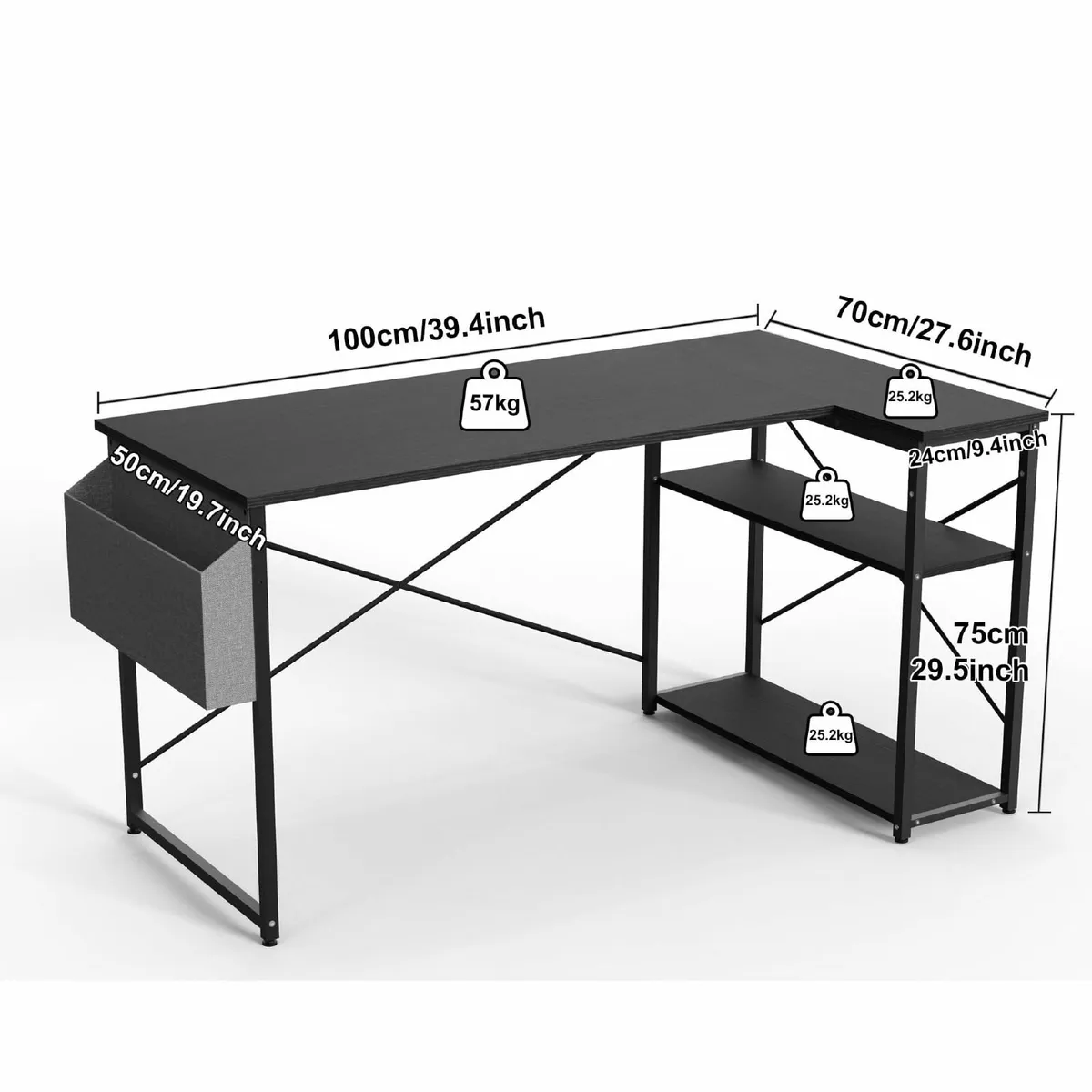 L Shaped Gaming Desk, 100x70 cm Computer Desk with - Image 2