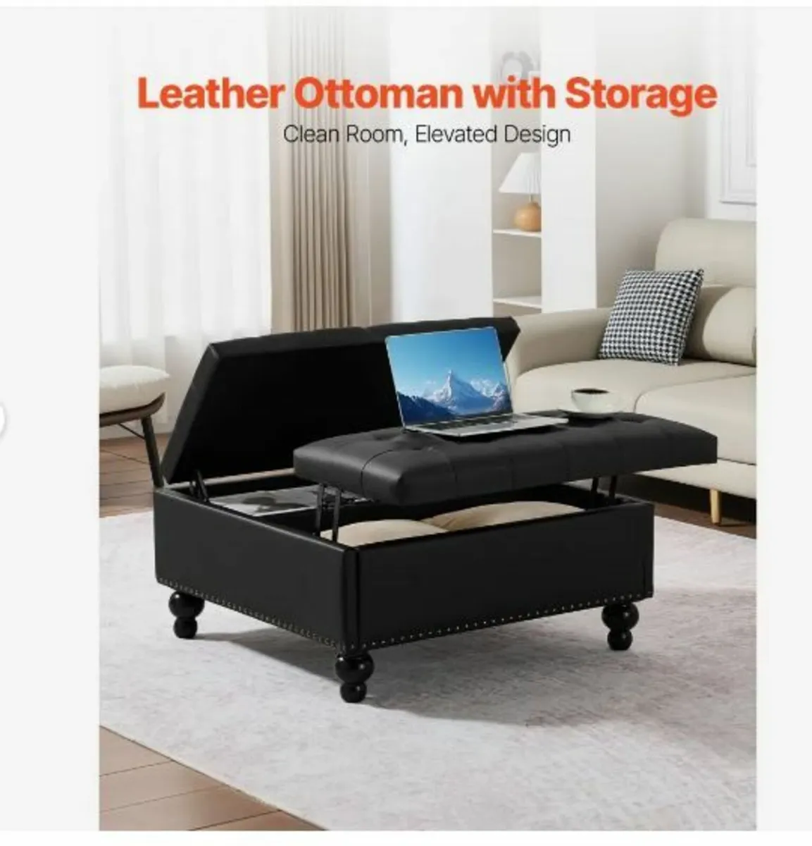 88 cm Square Leather Ottoman - Image 2
