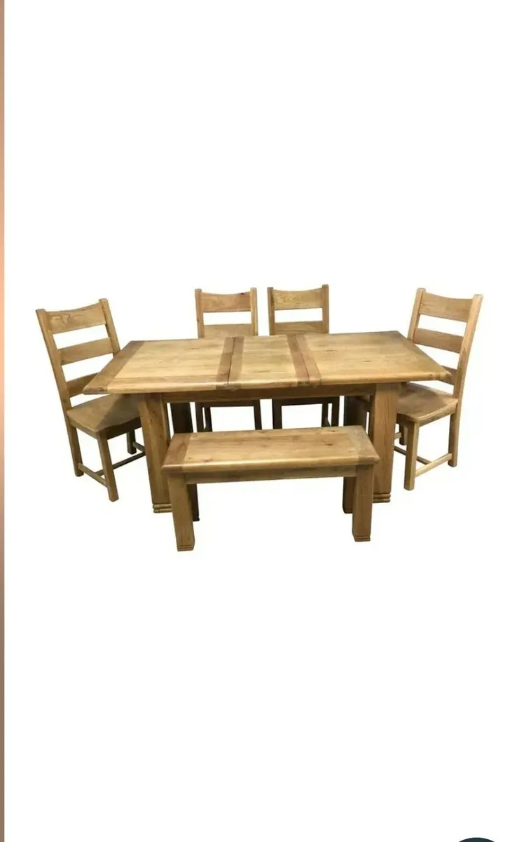 Extendable Oak Dining Table with Bench & Chairs - Image 1
